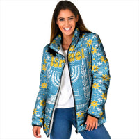 Israel Christmas Padded Jacket with Blue-Yellow Star Pattern, Menorah, and Santa Motif - Wonder Print Shop