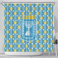 Israel Christmas Shower Curtain with Blue-Yellow Star Pattern, Menorah, and Santa Motif - Wonder Print Shop