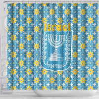 Israel Christmas Shower Curtain with Blue-Yellow Star Pattern, Menorah, and Santa Motif - Wonder Print Shop