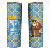 Israel Christmas Skinny Tumbler with Blue-Yellow Star Pattern, Menorah, and Santa Motif - Wonder Print Shop