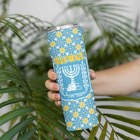 Israel Christmas Skinny Tumbler with Blue-Yellow Star Pattern, Menorah, and Santa Motif - Wonder Print Shop
