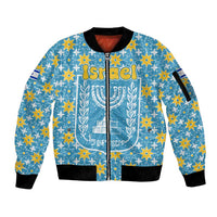 Israel Christmas Sleeve Zip Bomber Jacket with Blue-Yellow Star Pattern, Menorah, and Santa Motif - Wonder Print Shop