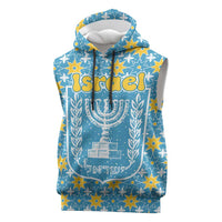 Israel Christmas Sleeveless Hoodie with Blue-Yellow Star Pattern, Menorah, and Santa Motif - Wonder Print Shop