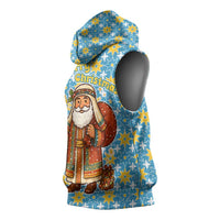 Israel Christmas Sleeveless Hoodie with Blue-Yellow Star Pattern, Menorah, and Santa Motif - Wonder Print Shop