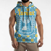 Israel Christmas Sleeveless Hoodie with Blue-Yellow Star Pattern, Menorah, and Santa Motif - Wonder Print Shop