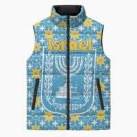 Israel Christmas Sleeveless Puffer Jacket with Blue-Yellow Star Pattern, Menorah, and Santa Motif - Wonder Print Shop