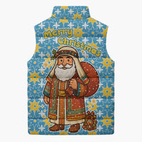 Israel Christmas Sleeveless Puffer Jacket with Blue-Yellow Star Pattern, Menorah, and Santa Motif - Wonder Print Shop
