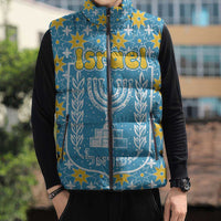 Israel Christmas Sleeveless Puffer Jacket with Blue-Yellow Star Pattern, Menorah, and Santa Motif - Wonder Print Shop
