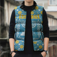 Israel Christmas Sleeveless Puffer Jacket with Blue-Yellow Star Pattern, Menorah, and Santa Motif - Wonder Print Shop