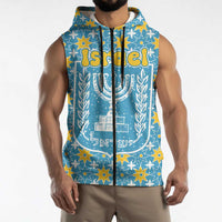 Israel Christmas Sleeveless Zip Hoodie with Blue-Yellow Star Pattern, Menorah, and Santa Motif - Wonder Print Shop