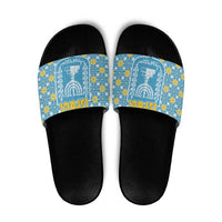 Israel Christmas Slide Sandals with Blue-Yellow Star Pattern, Menorah, and Santa Motif - Wonder Print Shop