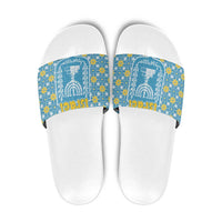Israel Christmas Slide Sandals with Blue-Yellow Star Pattern, Menorah, and Santa Motif - Wonder Print Shop