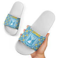 Israel Christmas Slide Sandals with Blue-Yellow Star Pattern, Menorah, and Santa Motif - Wonder Print Shop