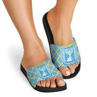 Israel Christmas Slide Sandals with Blue-Yellow Star Pattern, Menorah, and Santa Motif - Wonder Print Shop