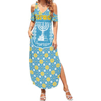 Israel Christmas Summer Maxi Dress with Blue-Yellow Star Pattern, Menorah, and Santa Motif - Wonder Print Shop