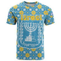 Israel Christmas T Shirt with Blue-Yellow Star Pattern, Menorah, and Santa Motif - Wonder Print Shop