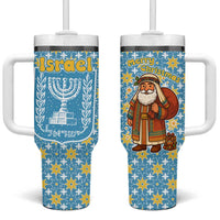 Israel Christmas Tumbler With Handle with Blue-Yellow Star Pattern, Menorah, and Santa Motif - Wonder Print Shop