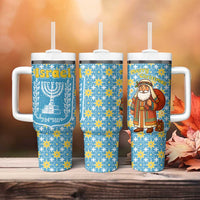 Israel Christmas Tumbler With Handle with Blue-Yellow Star Pattern, Menorah, and Santa Motif - Wonder Print Shop