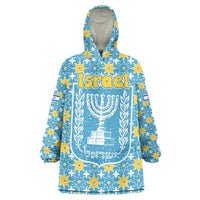 Israel Christmas Wearable Blanket Hoodie with Blue-Yellow Star Pattern, Menorah, and Santa Motif - Wonder Print Shop