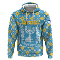 Israel Christmas Zip Hoodie with Blue-Yellow Star Pattern, Menorah, and Santa Motif - Wonder Print Shop