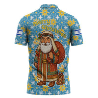 Israel Christmas Zipper Polo Shirt with Blue-Yellow Star Pattern, Menorah, and Santa Motif - Wonder Print Shop