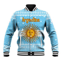 Argentina Christmas Baseball Jacket with Blue-White Snowflake Pattern, Sun Emblem, and Map Motif - Wonder Print Shop