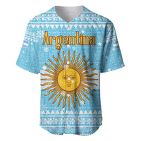 Argentina Christmas Baseball Jersey with Blue-White Snowflake Pattern, Sun Emblem, and Map Motif - Wonder Print Shop