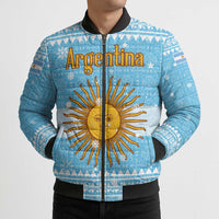 Argentina Christmas Bomber Puffer Jacket with Blue-White Snowflake Pattern, Sun Emblem, and Map Motif - Wonder Print Shop