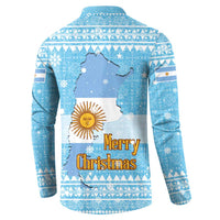 Argentina Christmas Button Sweatshirt with Blue-White Snowflake Pattern, Sun Emblem, and Map Motif - Wonder Print Shop