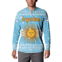 Argentina Christmas Button Sweatshirt with Blue-White Snowflake Pattern, Sun Emblem, and Map Motif - Wonder Print Shop