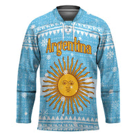 Argentina Christmas Hockey Jersey with Blue-White Snowflake Pattern, Sun Emblem, and Map Motif - Wonder Print Shop