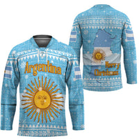 Argentina Christmas Hockey Jersey with Blue-White Snowflake Pattern, Sun Emblem, and Map Motif - Wonder Print Shop
