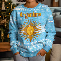 Argentina Christmas Kid Ugly Christmas Sweater with Blue-White Snowflake Pattern, Sun Emblem, and Map Motif - Wonder Print Shop