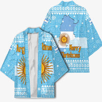 Argentina Christmas Kimono with Blue-White Snowflake Pattern, Sun Emblem, and Map Motif - Wonder Print Shop