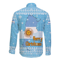Argentina Christmas Long Sleeve Button Shirt with Blue-White Snowflake Pattern, Sun Emblem, and Map Motif - Wonder Print Shop