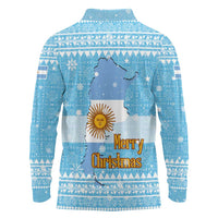 Argentina Christmas Long Sleeve Polo Shirt with Blue-White Snowflake Pattern, Sun Emblem, and Map Motif - Wonder Print Shop
