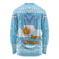 Argentina Christmas Long Sleeve Shirt with Blue-White Snowflake Pattern, Sun Emblem, and Map Motif - Wonder Print Shop