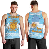 Argentina Christmas Men Tank Top with Blue-White Snowflake Pattern, Sun Emblem, and Map Motif - Wonder Print Shop