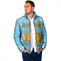 Argentina Christmas Padded Jacket with Blue-White Snowflake Pattern, Sun Emblem, and Map Motif - Wonder Print Shop