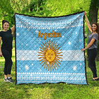 Argentina Christmas Quilt with Blue-White Snowflake Pattern, Sun Emblem, and Map Motif - Wonder Print Shop