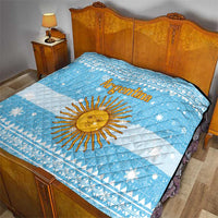 Argentina Christmas Quilt with Blue-White Snowflake Pattern, Sun Emblem, and Map Motif - Wonder Print Shop