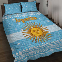 Argentina Christmas Quilt Bed Set with Blue-White Snowflake Pattern, Sun Emblem, and Map Motif - Wonder Print Shop