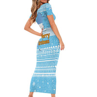 Argentina Christmas Short Sleeve Bodycon Dress with Blue-White Snowflake Pattern, Sun Emblem, and Map Motif - Wonder Print Shop