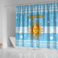 Argentina Christmas Shower Curtain with Blue-White Snowflake Pattern, Sun Emblem, and Map Motif - Wonder Print Shop