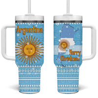 Argentina Christmas Tumbler With Handle with Blue-White Snowflake Pattern, Sun Emblem, and Map Motif - Wonder Print Shop