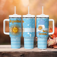 Argentina Christmas Tumbler With Handle with Blue-White Snowflake Pattern, Sun Emblem, and Map Motif - Wonder Print Shop