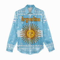 Argentina Christmas Women Casual Shirt with Blue-White Snowflake Pattern, Sun Emblem, and Map Motif - Wonder Print Shop