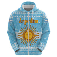 Argentina Christmas Zip Hoodie with Blue-White Snowflake Pattern, Sun Emblem, and Map Motif - Wonder Print Shop