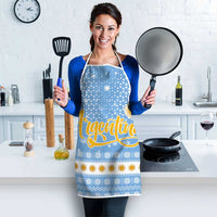 Argentina Christmas Apron with Blue-White Snowflake Pattern, Sun Emblem, and Gaucho Santa Riding Horse Motif - Wonder Print Shop