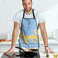 Argentina Christmas Apron with Blue-White Snowflake Pattern, Sun Emblem, and Gaucho Santa Riding Horse Motif - Wonder Print Shop